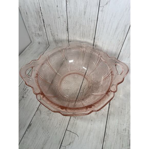 Vintage Jeannette Cherry Blossom Serving Bowl With Handles Pink Depression Glass - Picture 2 of 7